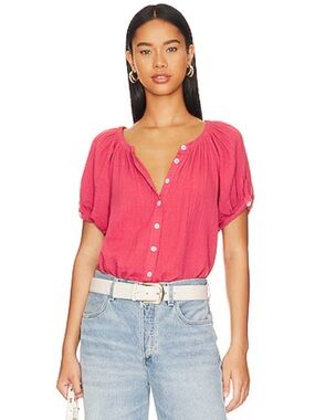 9seed Montecito Button-Front Peasant Top in Guava—tropical pink. Gauzy Beachy M
